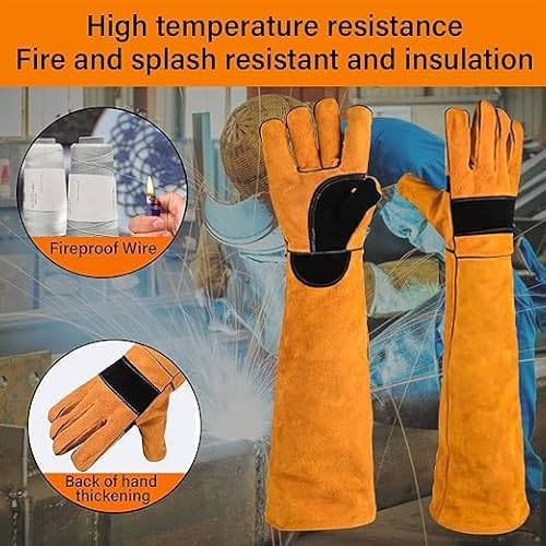 Animal Handling Gloves Bite Proof Double Leather Reinforced Padding Dog,Cat Scratch,Bird Handling Falconry Gloves Grabbing Reptile Squirrel Snake Bite 60CM Comfort and Extra Heat Protection. (Black)