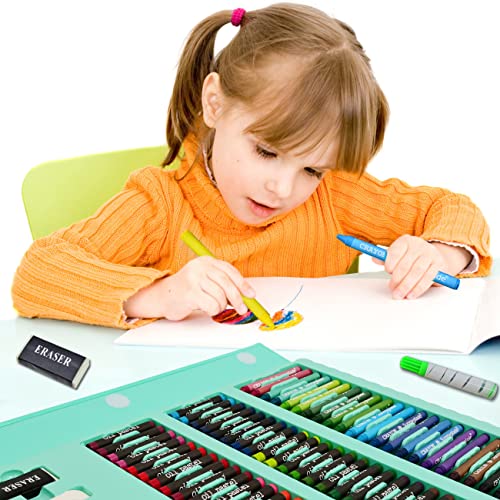 Sunnyglade 185 Pieces Double Sided Trifold Easel Art Set, Drawing Art Box with Oil Pastels, Crayons, Colored Pencils, Markers, Paint Brush, Watercolor Cakes, Sketch Pad (Green)