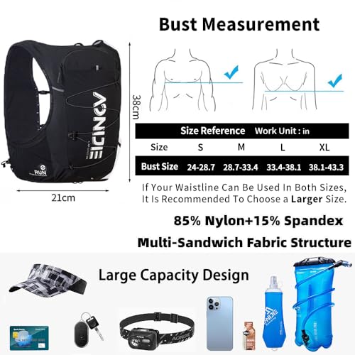 AONIJIE Running Hydration Vest Lightweight & Large Capacity Running Vest for Women Men, Hydration Running Backpack Fits 6.8" Phones (Medium, Blackwhite with 1.5L Water Bladder)