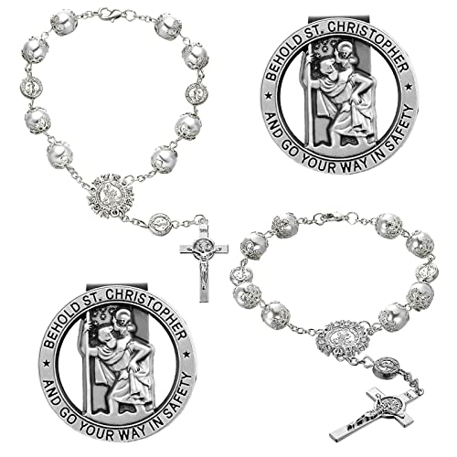 4 Pcs Saint Benedict Silver Car Rosary Rearview Mirror Auto Rosary Hanging Personalized with Car Silver Saint Christopher Visor Clip Religious Car Medals, Car Mirror Hanging Accessories for Truck Bike