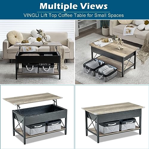 VINGLI 36" Lift Top Coffee Table with Free Cloth Storage Bins, Rustic Framhouse Grey Coffee Table for Living Room, Small Modern Coffee Table for Small Space in Minimalistic Style, Gray