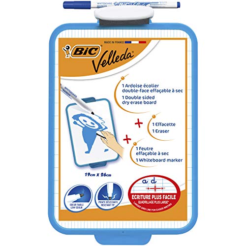 BIC Velleda Double-Sided Dry Erase Whiteboard - 19 x 26 cm with Blue Whiteboard Marker and Eraser - Mini Whiteboard for Office or Home Use