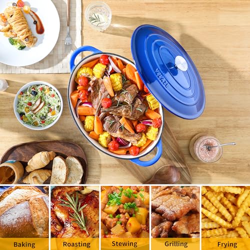 Velaze 7.5 QT Enameled Oval Dutch Oven Pot with Lid, Cast Iron Dutch Oven with Dual Handles for Bread Baking, Cooking, Frying, Non-stick Enamel Coated Cookware