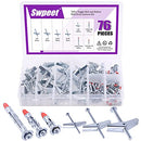 Swpeet 76Pcs Toggle Bolt and Wing Nut with 1/8 Inch Hollow Wall Drive Anchor Molly Bolt Drive Anchor Kit for Hanging Heavy Items on Drywall - 1/8 Inch, 3/16Inch, 1/4Inch