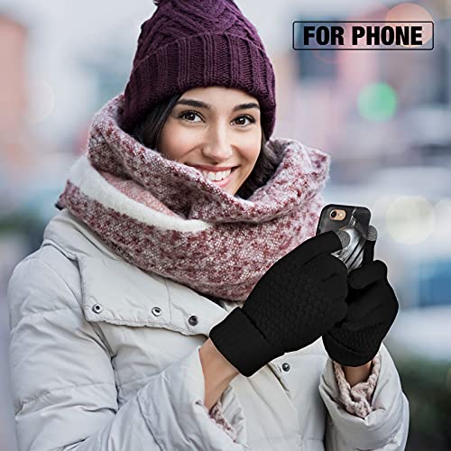 2 Pairs Women's Winter Touchscreen Gloves Warm Fleece Lined Knit Gloves Elastic Cuff Winter Texting Gloves, Black, White, One size