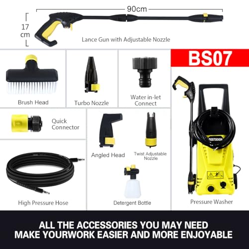 BESTSOON High Pressure Washer 3200PSI, 1900W with Turbo/Spray Nozzle, Spray Gun, Detergent Bottle, Brush, Electric Pressure Cleaner for Patio Cleaning, Cars, Homes