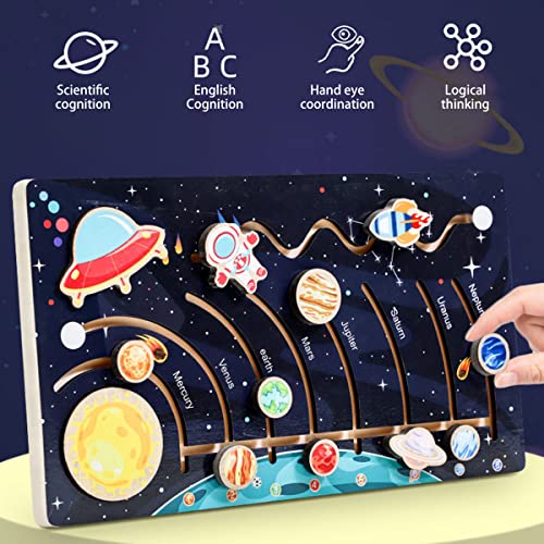 Solar System Model Board with 9 Planets Spaceship Rocket Module Space Educational Solar System Toy Early Learning Wooden Solar System Model Outer Space Toy for Kids Toddlers Gift Storytelling