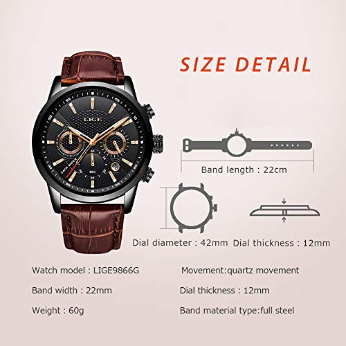 LIGE Mens Watches Chronograph Leather Waterproof Analogue Quartz Stainless Steel Business Classic Men's Wrist Watches, Black Brown, bracelet