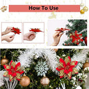 iDopick 16 Pieces Christmas Poinsettia Artificial Christmas Flowers Decorations Glittering with Clips for Xmas Wedding Party Tree Wreath Ornaments Glitter(Red&Gold)