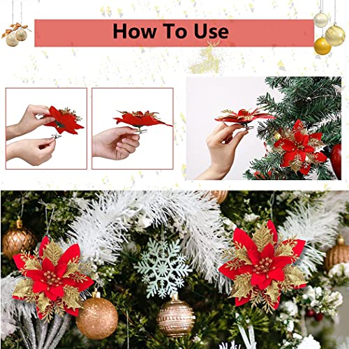 iDopick 16 Pieces Christmas Poinsettia Artificial Christmas Flowers Decorations Glittering with Clips for Xmas Wedding Party Tree Wreath Ornaments Glitter(Red&Gold)