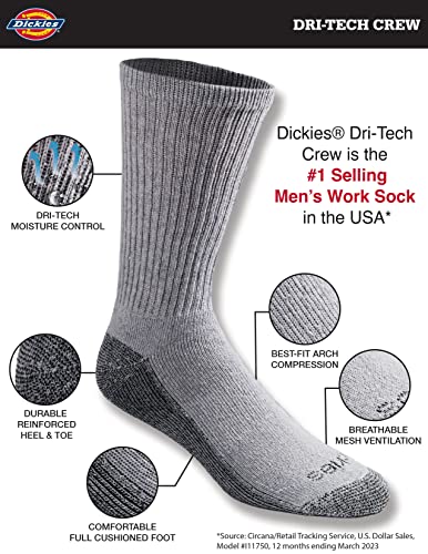 Dickies Men's Dri-Tech Moisture Control Crew Socks Multipack, Grey (6 Pairs), 6-12