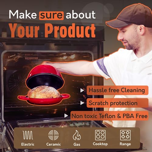 Krustic Enameled Cast Iron Dutch Oven for Sourdough Bread Baking | 6 Quart Pot with Lid | 10 Inch Ceramic Enamel Thick Coated Cookware Set with Non Stick Silicone Baking Mat for Cooking | 6 Qt | Red