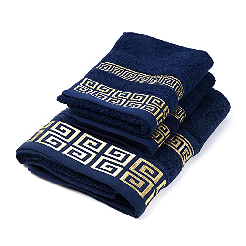 XHSP 100% Cotton Highly Absorbent Embroidered Towels 3-Piece Towel Set Hotel Bath Towel, 1 Bath Towels, 2 Hand Towels Extra Think Beach Bath Towels (Blue)