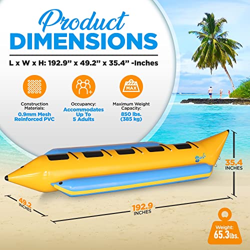 5 Person Recreational Inflatable Banana Boat with Storage Bag, Foot Pump, and Repair Kit, with Reinforced Seats and Foot Areas