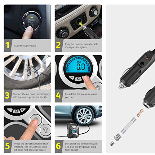 WindGallop Car Tyre Inflator Air Compressor Tyre Pump 12V Electric Car Air Pump for Car Tyres Bike Tyres with Digital Tyre Pressure Gauge and Inflator Valve Adaptors LED Light (Silver)