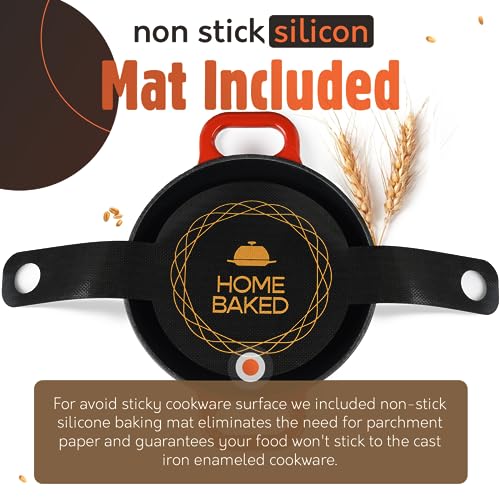 Krustic Enameled Cast Iron Dutch Oven for Sourdough Bread Baking | 6 Quart Pot with Lid | 10 Inch Ceramic Enamel Thick Coated Cookware Set with Non Stick Silicone Baking Mat for Cooking | 6 Qt | Red