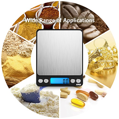 AMIR Digital Kitchen Scale 3000g 0.01oz/ 0.1g Pocket Cooking Scale Mini Food Scale Pro Electronic Jewelry Scale with Back-Lit LCD Display Tare & PCS Functions Stainless Steel Batteries not Included (Green) (Black)