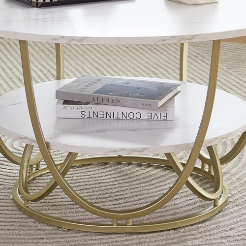 Elephance Round Coffee Table, 31.5 Inch Modern Coffee Table for Living Room, White and Gold Coffee Table with Storage, Wooden Tabletop-Marble White Print with Gold Frame