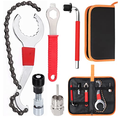 Swpeet 7Pcs Bicycle Repair Tool Assortment Kit, 3 in 1 Multi Bike Cassette Removal Tool with Chain Whip, Auxiliary Wrench, Bracket Removal, Crank Puller Tool, 16mm Spanner Perfect for Repair Bike