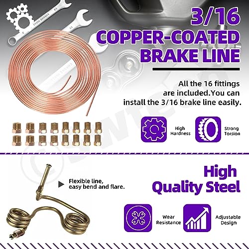 Swpeet 17Pcs in Set Copper Coated 25 ft 3/16" Brake Line Tubing Kit, Includes 16 Fittings, Complete Replacement Brake or Fuel Tubing, Easy to Hand Bend (0.028) Wall Thickness, SAE Thread, Rust Proof