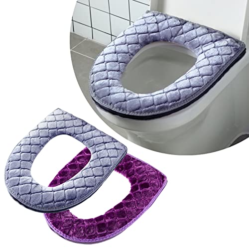 Tegeme Toilet Seat Covers for Bathroom 2 Pieces Toilet Seat Cushion Cover Soft Thicker Warmer Washable Warm Toilet Seat Cover Pad Fabric Fluffy Toilet Seat Cover with Zipper (Plush)