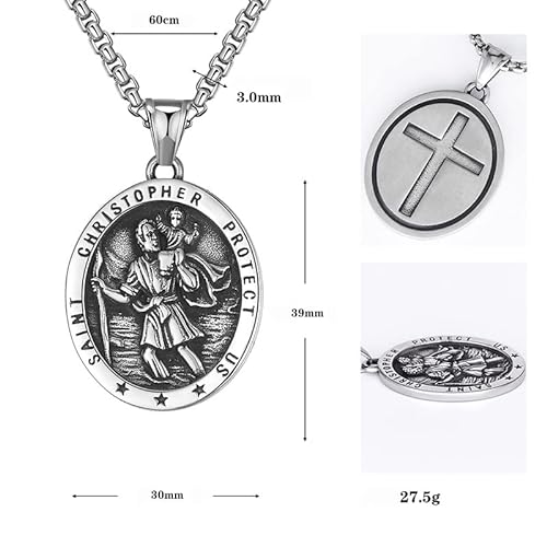 Zhubobo Mens St Saint Christopher Medal Pendant Necklace Stainless Steel Amulet, Metal, No Gemstone