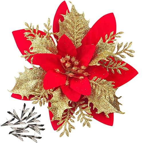 iDopick 16 Pieces Christmas Poinsettia Artificial Christmas Flowers Decorations Glittering with Clips for Xmas Wedding Party Tree Wreath Ornaments Glitter(Red&Gold)