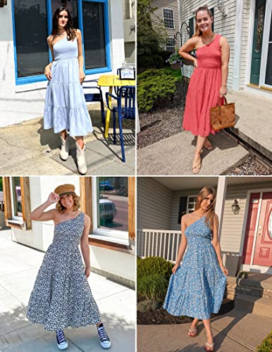 ZESICA Women's 2024 Bohemian Summer Floral Print One Shoulder Sleeveless Smocked Ruffle Tiered Beach Long Midi Dress, Brightpink, Medium