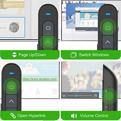 KNORVAY N76GBK Wireless Presenter with Green Light, 360mAH Rechargeable Hyperlink Volume Control USB Powerpoint Clicker Presentation Remote Control Laser Pointer 2.4GHz
