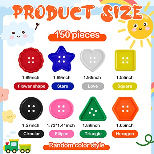 150 Pieces Big Bright Buttons for Kids 8 Vivid Colors and 8 Large Shapes for Crochet Knitting Arts and Crafts Projects Hand Made Gifts