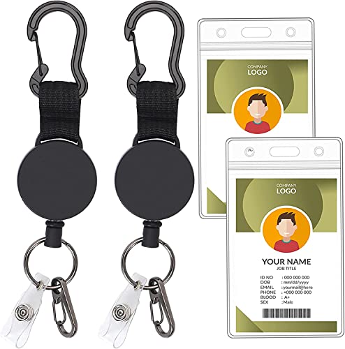 FYY (2 Pack) Heavy Duty Retractable Badge Holders Reel with [Carabiner] [Key Chain Keychain] and [ID Card Holders] 22.8 inches Reinforced Wire Cord - Black