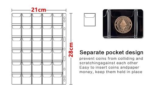 15 Sheets 3.5x3.5cm Coin Collection Pages, Coins Pocket Page with 450 Pockets, Coin Binder Inserts Sleeves with Standard 9 Hole for Coin Album