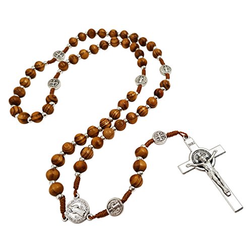 TALISMAN4U Olive Wood Rosary Beads Catholic Necklace St Saint Benedict Medal Crucifix Jerusalem Cross Gift Box, Wood