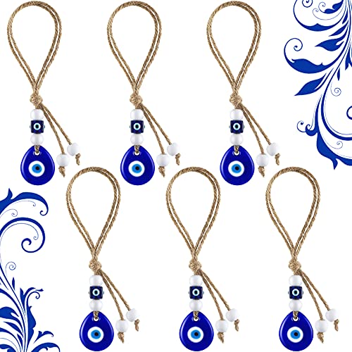 6 Pieces Blue Evil Eye Beads Ornaments Glass Evil Eye Hanging Ornaments Turkish Blue Evil Eye Beads Charms with Rope Decorative Evil Eye Pendants for Home Farmhouse Wall Crafts Decorations