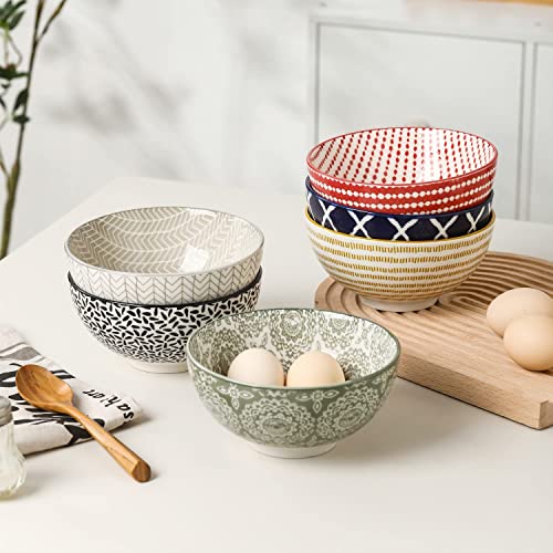 HUIRUMM Ceramic Cereal Bowl, Set of 6 Vibrant Color Dessert Bowls,22 oz Porcelain Bowl Set,Oatmeal Bowls, Bowls for Soup, Salad, Rice, Ramen, Dessert, Rice, Noodle, Bowls for Kitchen, Assorted Designs