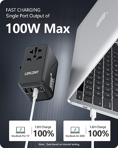 LENCENT Universal Travel Adapter, 100W GaN3 International Adaptor with 2 QC4.0 USB-A+2 PD3.0 Type-C PPS Fast Charging, Worldwide Wall Charger for Mobile Phone, Plug Adapter USA/UK/EU/AU Black