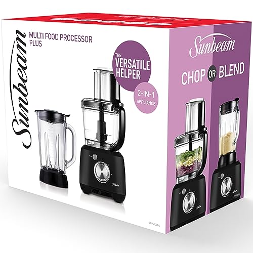 Sunbeam Multi Food Processor Plus | 2-in-1 Blender & Processor, Durable Attachments for 14 Meal Prep Tasks, 2L BPA-Free Bowl, 1.5L Glass Blender Jug for Smoothies, 2 Speeds Plus Pulse, Black,LCP6000BK