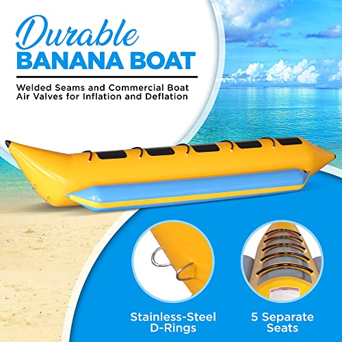 5 Person Recreational Inflatable Banana Boat with Storage Bag, Foot Pump, and Repair Kit, with Reinforced Seats and Foot Areas