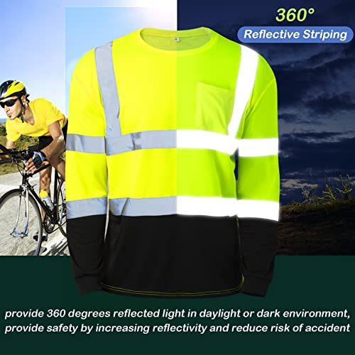 Zhanmai 6 Pack High Visibility Shirts Class 3 Reflective Safety Hi Vis Shirt Long Sleeve Wicking Safety Shirt with Pocket, Yellow, X-Large