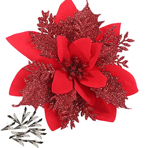 iDopick 16 Pieces Christmas Poinsettia Artificial Christmas Flowers Decorations Glittering with Clips for Xmas Wedding Party Tree Wreath Ornaments Glitter(Red)