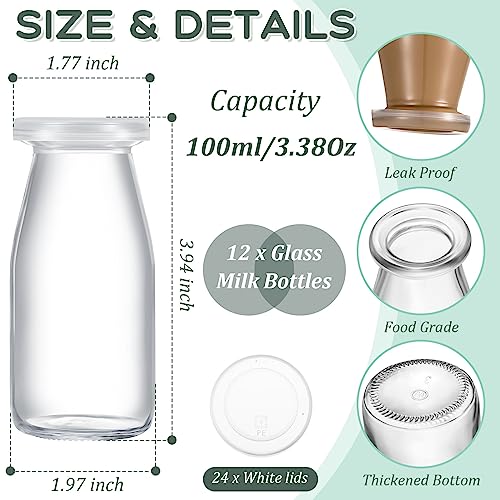 12 Pack Small Glass Milk Bottle Clear Mini Glass Bottles with Lids Glass Juice Bottle Reusable Small Milk Jar Vintage Breakfast Shake Container for Drinking Water Juice Honey Beverages (3.38 oz)