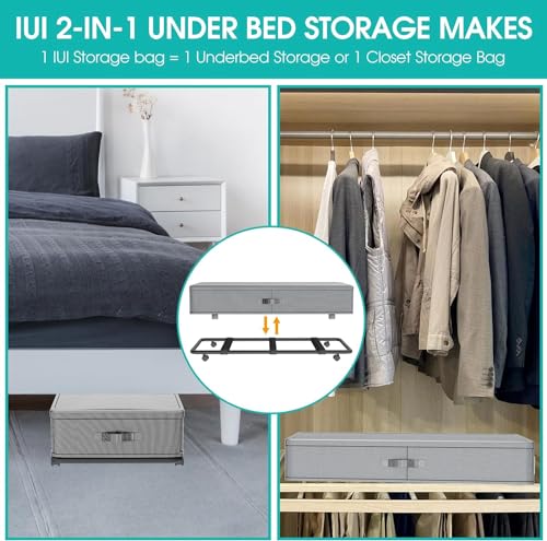 Underbed Storage with Wheels 2-in-1Under Bed Drawers Storage Containers,50L Large Capacity Rolling Under Bed Storage with Lid,Bedroom Storage Organizer for Clothes,Shoes,Toys,Books,Blankets Gray-1Pack