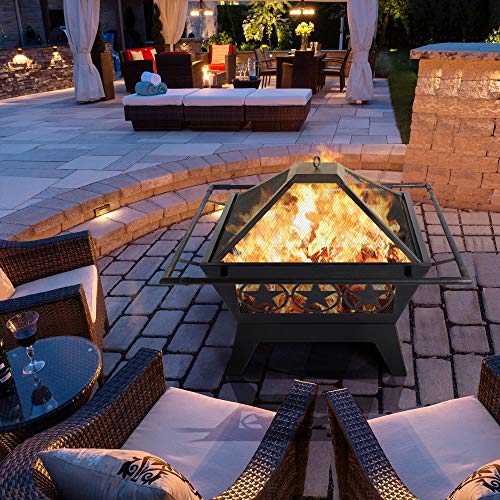 Yaheetech Fire Pit 32in Fire Pits for Outside Outdoor Fireplace Large Square Wood Burning Fire Pit Heavy Duty for Patio BBQ Camping Bonfire with Spark Screen, Mesh Cover, Poker