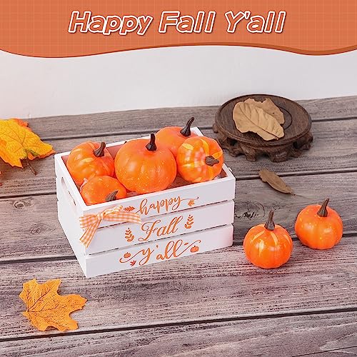 10 Pcs Fall Pumpkin Mini Wood Crate Set Happy Fall Y'all Table Centerpiece Artificial Pumpkins Fall Table Decor Harvest Tiered Tray Decorations with Ribbon for Kitchen Dining Table Home Decor