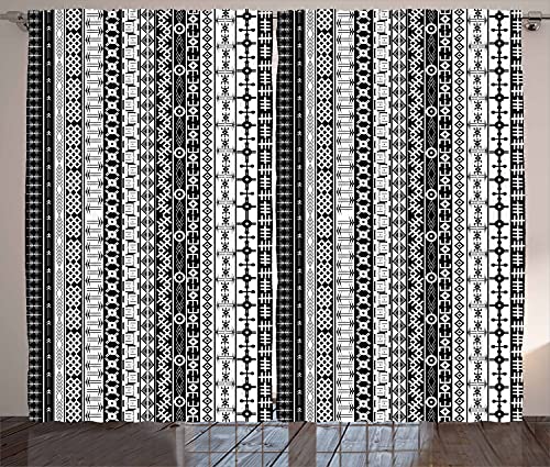 Ambesonne Primitive Curtains, Black and White Tribal Motifs Pattern Native Artistic Geometric Borders Design, Living Room Bedroom Window Drapes 2 Panel Set, 108 W X 96 L inches, Black White