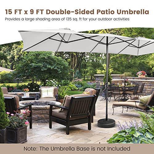 TANGKULA 15 FT Double-Sided Patio Umbrella with Crank Handle, Vented Tops, Large Outdoor Rectangle Market Twin Umbrella with 10-Rib Metal Structure, Table Umbrella for Poolside Deck Lawn Garden (Beige)