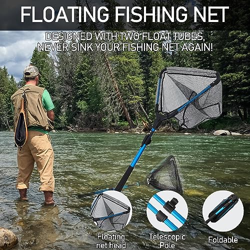 Uandhome Fishing Net, Foldable Collapsible Telescopic Fish Landing Net Rubber Coated Floating Fishing Net for Steelhead, Salmon, Fly, Kayak, Catfish, Bass, Trout Fishing, Extend to 73-92CM