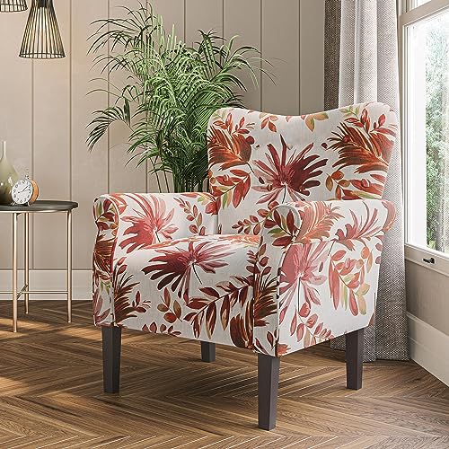 BELLEZE Modern Accent Chair Armchair for Living Room or Bedroom with Wooden Legs, High Back Rest, Padded Armrest, and Comfortable Cushioned Seat - Allston (Red Floral)