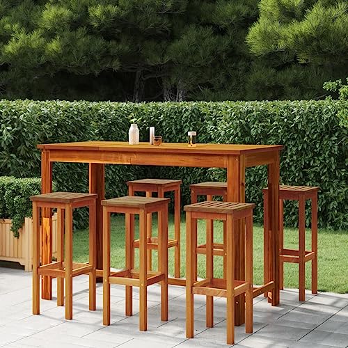 'vidaXL Solid Acacia Wood Outdoor Bar Stools, Farmhouse Style - Set of 6, Brown