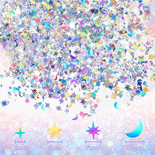 Skylety 60 g/ 2.1 oz Holographic Star and Moon Table Confetti Iridescent Metallic Glitter Foil Sequin Scatter for Halloween Birthday Wedding Festival Party DIY (10 mm, 6 Silver)